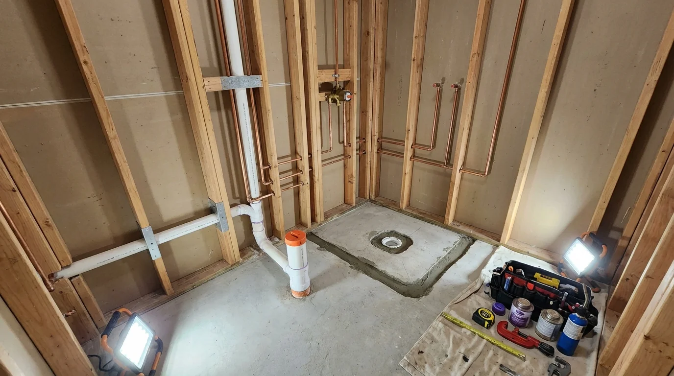 Bathroom rough-in plumbing during remodel by Johns Plumbing LLC in Milbridge