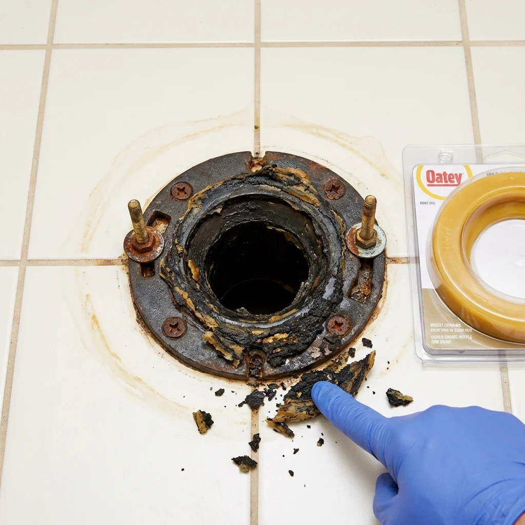 Failed wax ring showing water seepage at the base of a toilet in a Milbridge, ME home